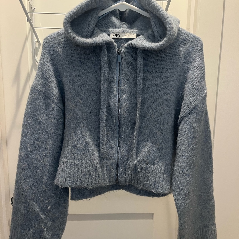 ZARA Light Blue Cropped Hooded Zip Sweater